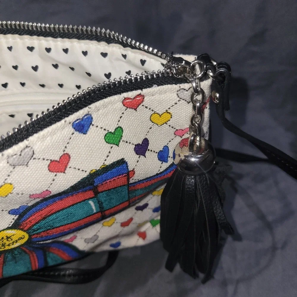 Brighton Crossbody Handbag Love & Joy Pouch Heart Tassels Graphic
